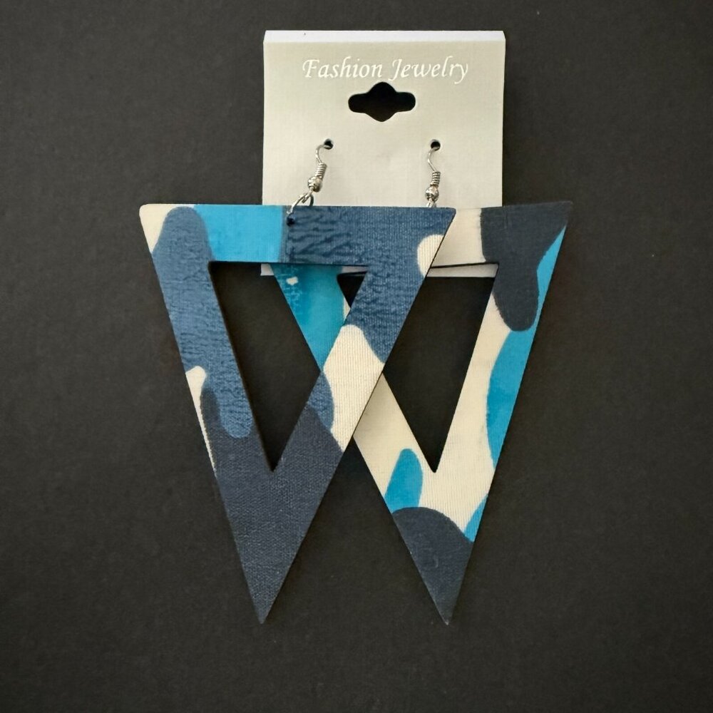 NOC Geometric Blue Camouflage Triangle Wooden Fabric Drop Earrings Lightweight